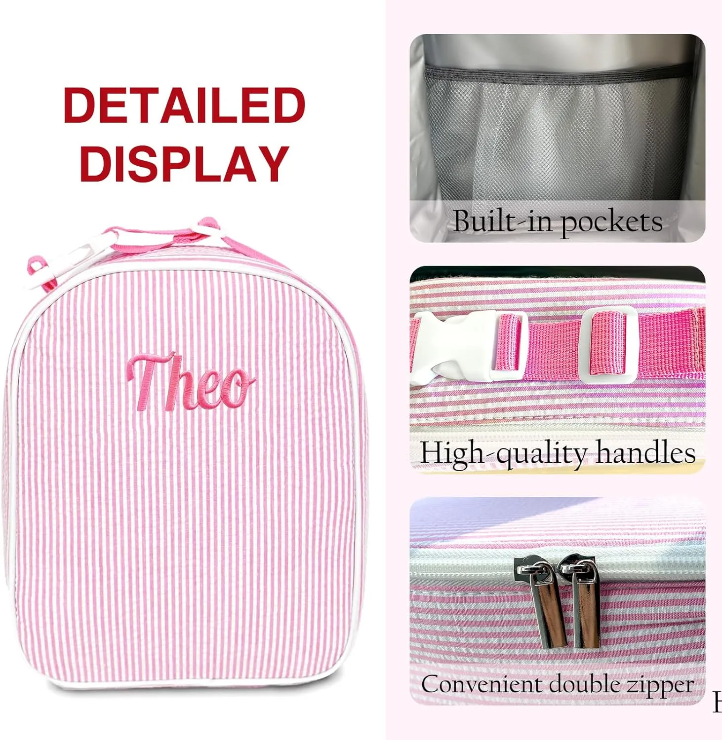 Personalized Seersucker Lunch Bag | Custom Embroidered, Insulated Leakproof Cooler with Adjustable Strap, Lightweight Stain-Resistant Lunch Box for Work, School & Outdoor Adventures(Pink)