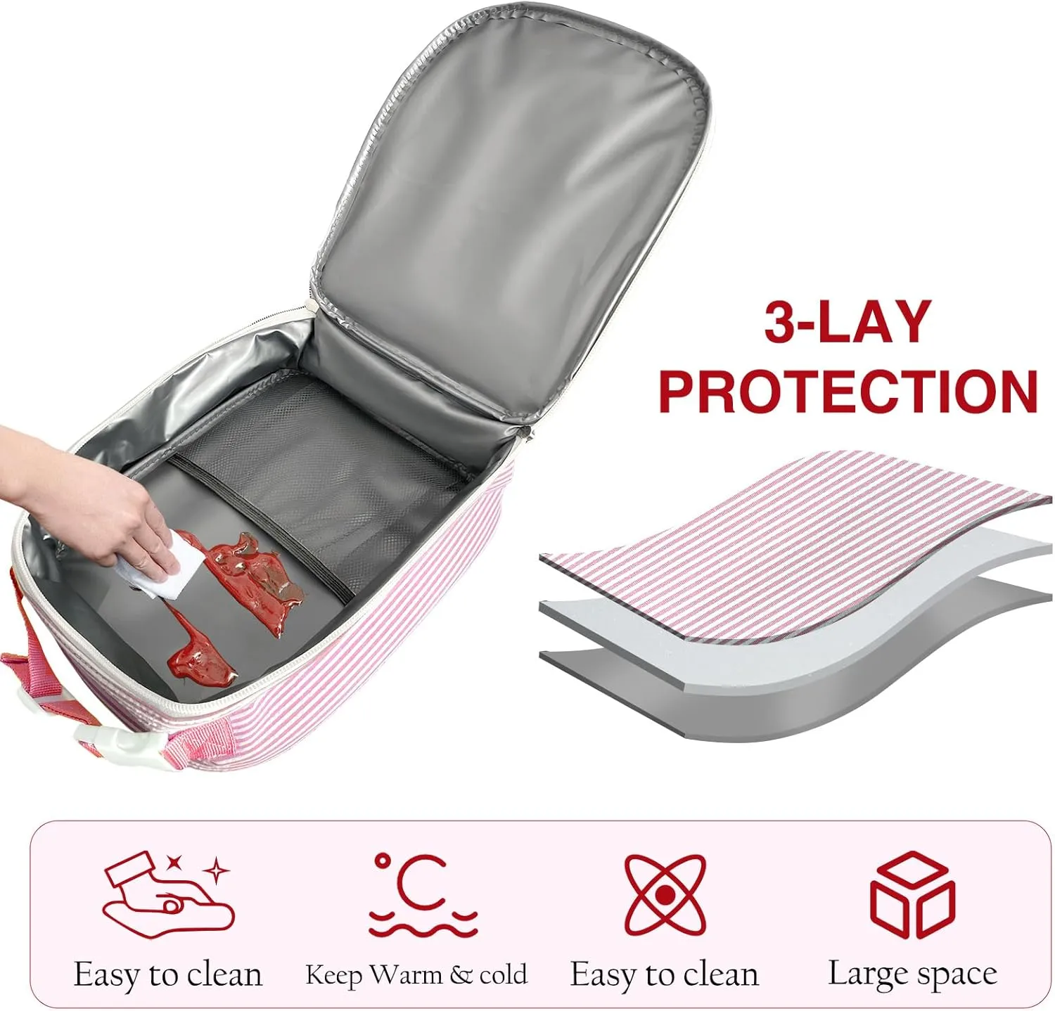 Personalized Seersucker Lunch Bag | Custom Embroidered, Insulated Leakproof Cooler with Adjustable Strap, Lightweight Stain-Resistant Lunch Box for Work, School & Outdoor Adventures(Pink)