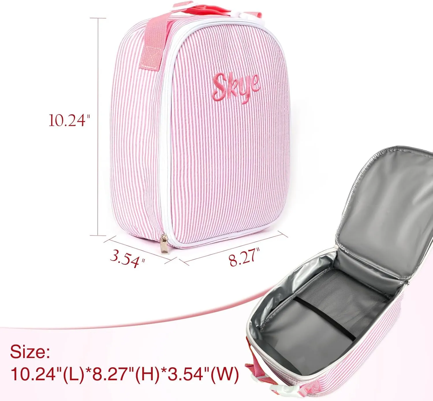 Personalized Seersucker Lunch Bag | Custom Embroidered, Insulated Leakproof Cooler with Adjustable Strap, Lightweight Stain-Resistant Lunch Box for Work, School & Outdoor Adventures(Pink)