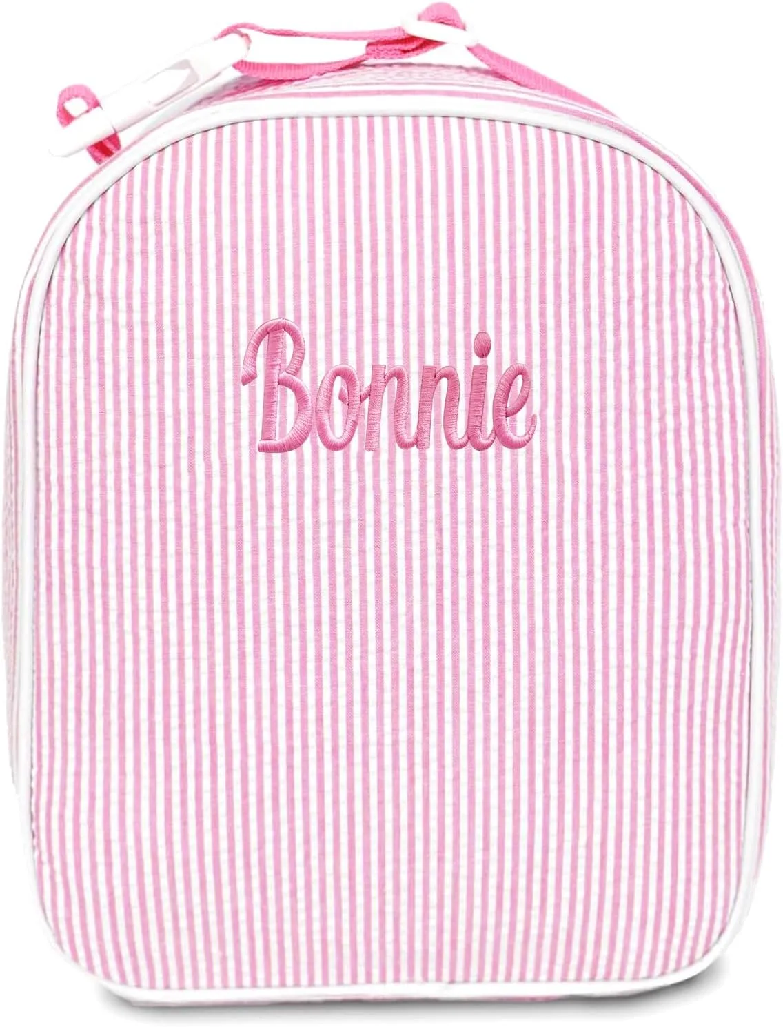 Personalized Seersucker Lunch Bag | Custom Embroidered, Insulated Leakproof Cooler with Adjustable Strap, Lightweight Stain-Resistant Lunch Box for Work, School & Outdoor Adventures(Pink)