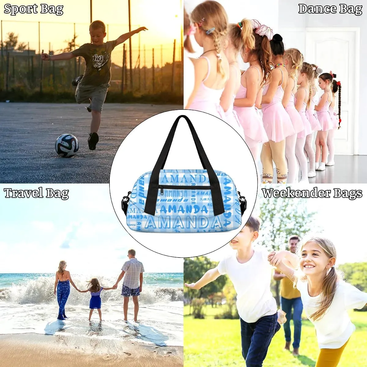 Personalized Sport Dance Bag Custom Boys Gym Bag Girls Ballet Dance Bag Customize Travel Duffle Bag with Name Overnight Weekender Bags (Blue Grid)