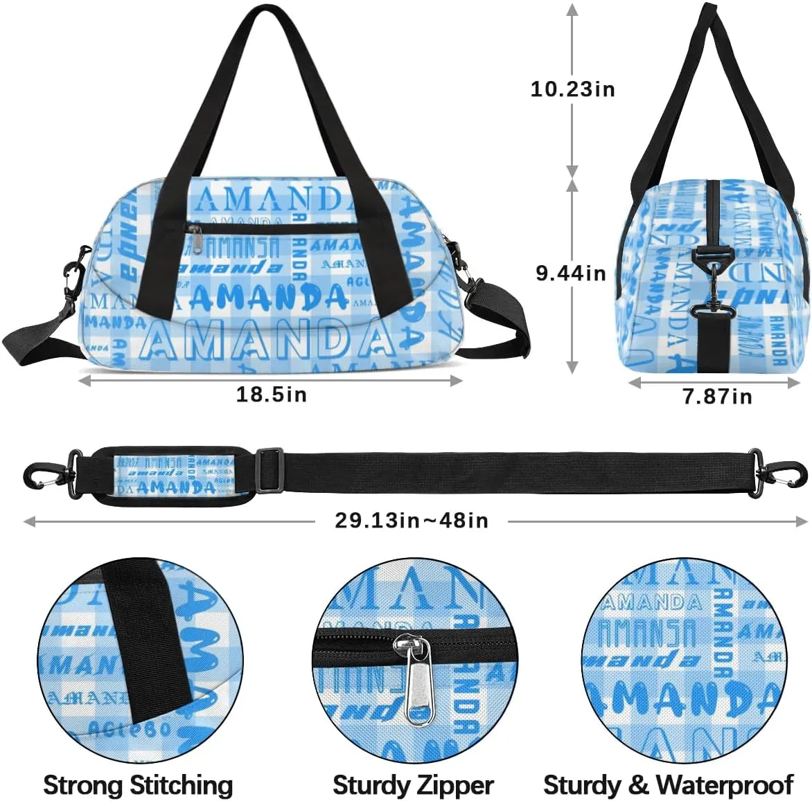 Personalized Sport Dance Bag Custom Boys Gym Bag Girls Ballet Dance Bag Customize Travel Duffle Bag with Name Overnight Weekender Bags (Blue Grid)