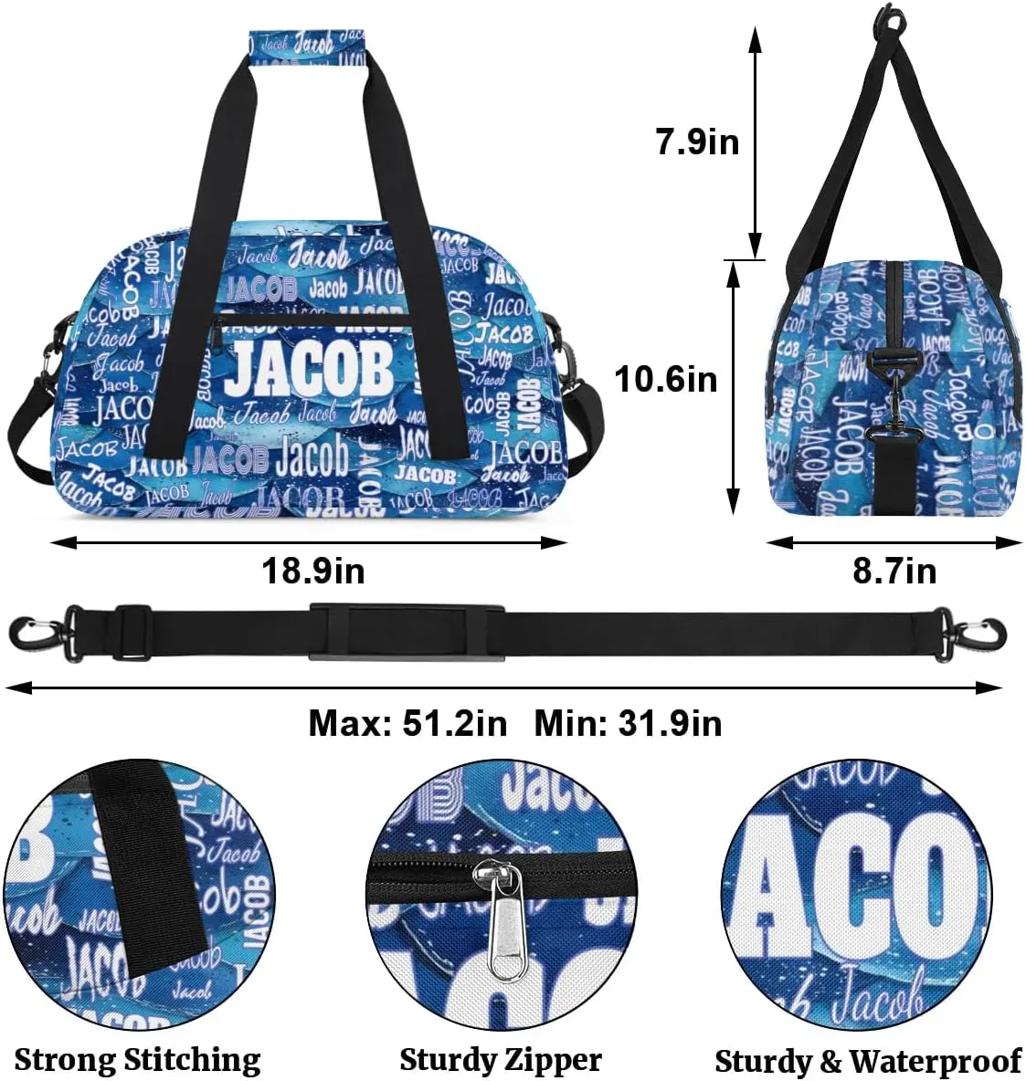 Personalized Sports Gym Bag, Custom Name Sport Ballet Dance Gear Fitness Duffle Gym Bag Travel Weekender Lightweight Bags, Ocean Blue Sea Waves Background