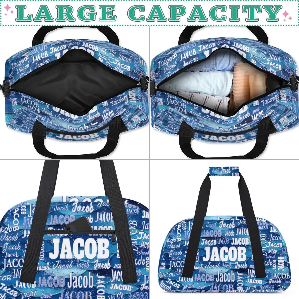Personalized Sports Gym Bag, Custom Name Sport Ballet Dance Gear Fitness Duffle Gym Bag Travel Weekender Lightweight Bags, Ocean Blue Sea Waves Background