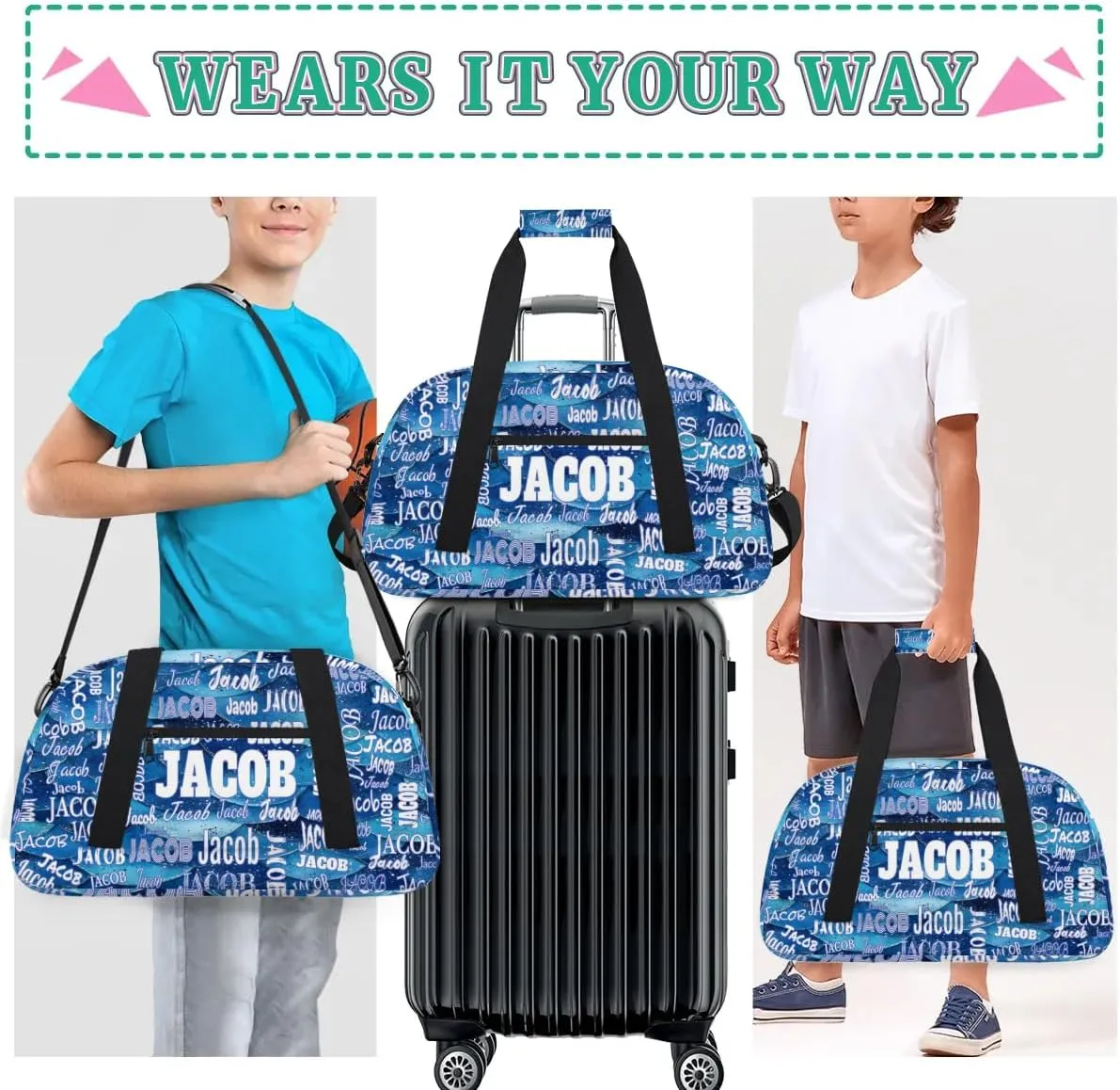 Personalized Sports Gym Bag, Custom Name Sport Ballet Dance Gear Fitness Duffle Gym Bag Travel Weekender Lightweight Bags, Ocean Blue Sea Waves Background