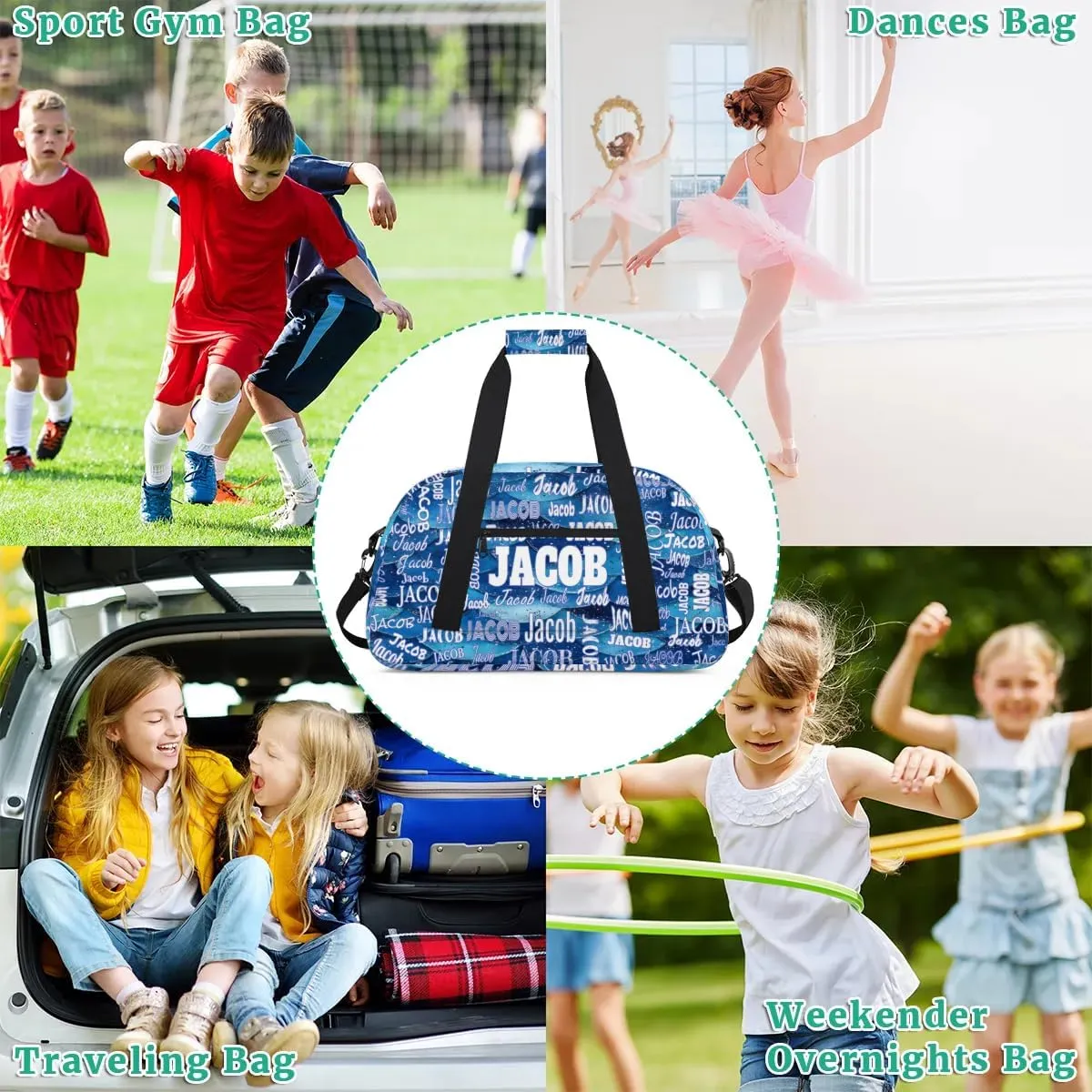 Personalized Sports Gym Bag, Custom Name Sport Ballet Dance Gear Fitness Duffle Gym Bag Travel Weekender Lightweight Bags, Ocean Blue Sea Waves Background
