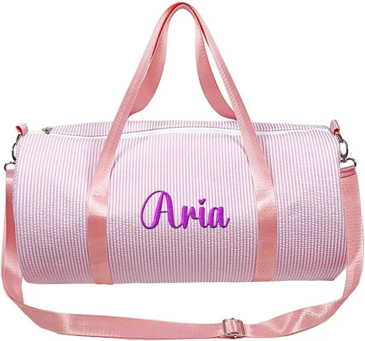 Personalzied Seersucker Girls Duffle Bag with Embroidered Name,Custom Toddler Dance Bag, Kids Overnight Duffle Ballet Gym Weekender Sleepover Travel Bag(Pink)