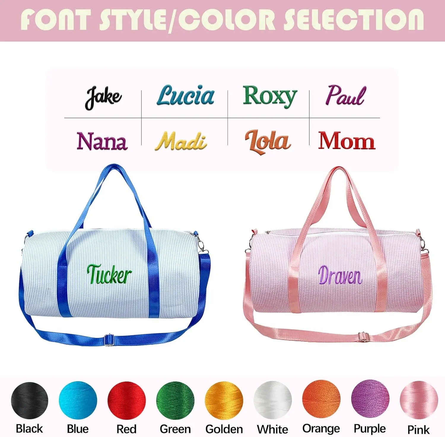 Personalzied Seersucker Girls Duffle Bag with Embroidered Name,Custom Toddler Dance Bag, Kids Overnight Duffle Ballet Gym Weekender Sleepover Travel Bag(Pink)