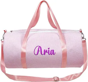 Personalzied Seersucker Girls Duffle Bag with Embroidered Name,Custom Toddler Dance Bag, Kids Overnight Duffle Ballet Gym Weekender Sleepover Travel Bag(Pink)