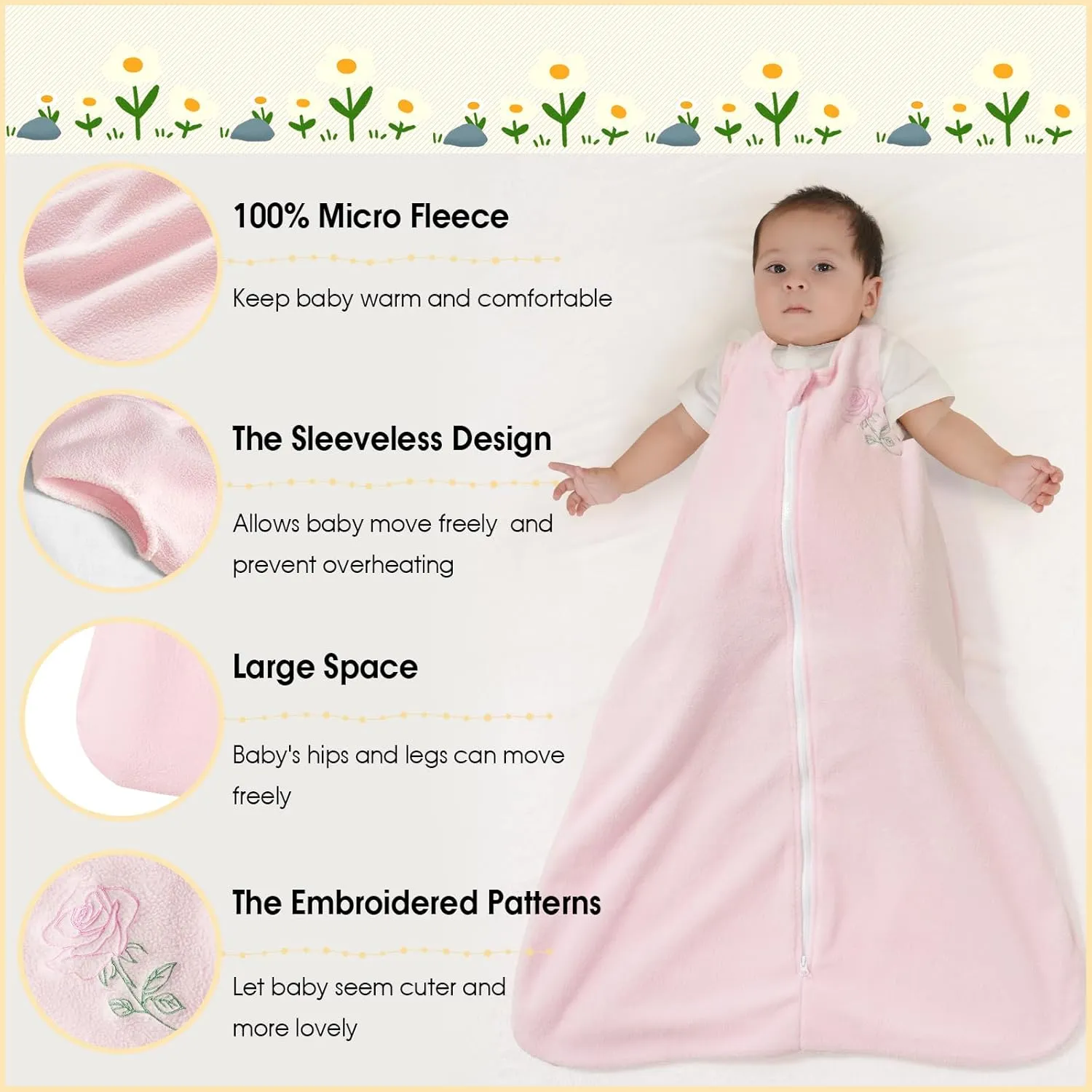 PHF Warm Micro-Fleece Baby Sleep Sack 18-24 Months, Soft Baby Wearable Blanket, 2-Way Zipper Sleeping Bags, 2 Pack Comfy Sleeping Sack for Infant Newborn Girls, X-Large Size, Oat Milk & Pink