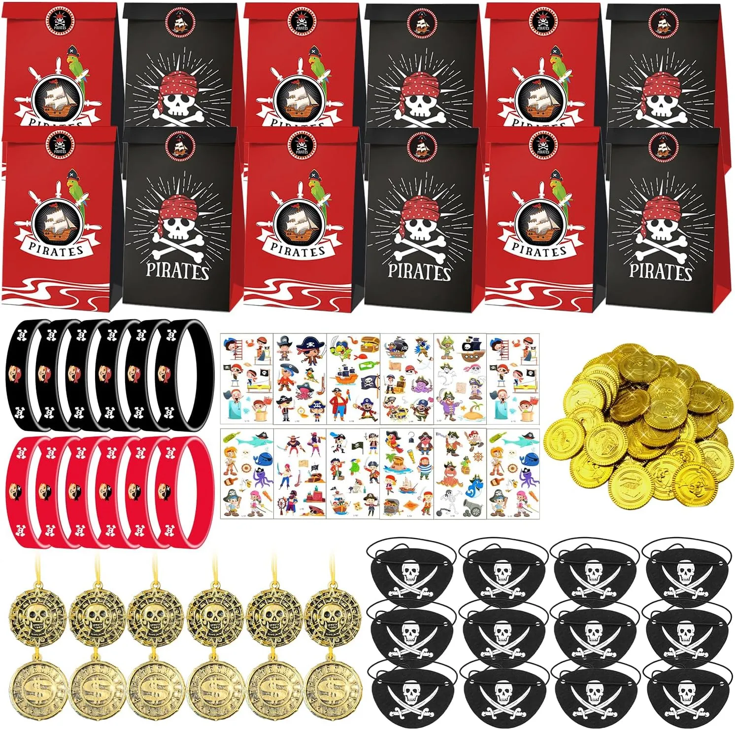 Pirate Candy Bags, 80 Pieces Pirate Birthday Party Accessories, Pirate Party Stickers, Pirate Silicone Bracelet, Pirate Coins, Pirate Eye Patches, Pirate Gift Bags