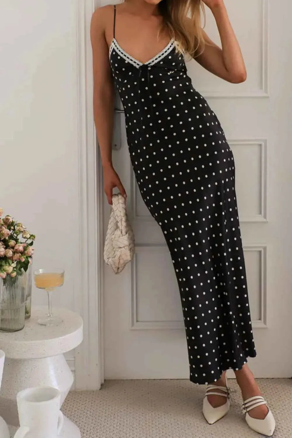 Polka Dot Midi Dress - Square Neck Cami Style Midi Dress