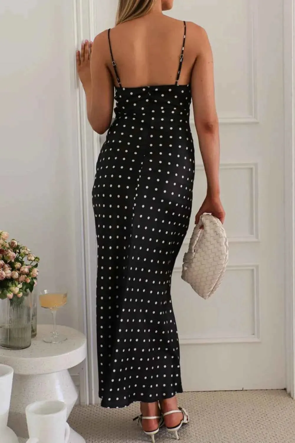Polka Dot Midi Dress - Square Neck Cami Style Midi Dress