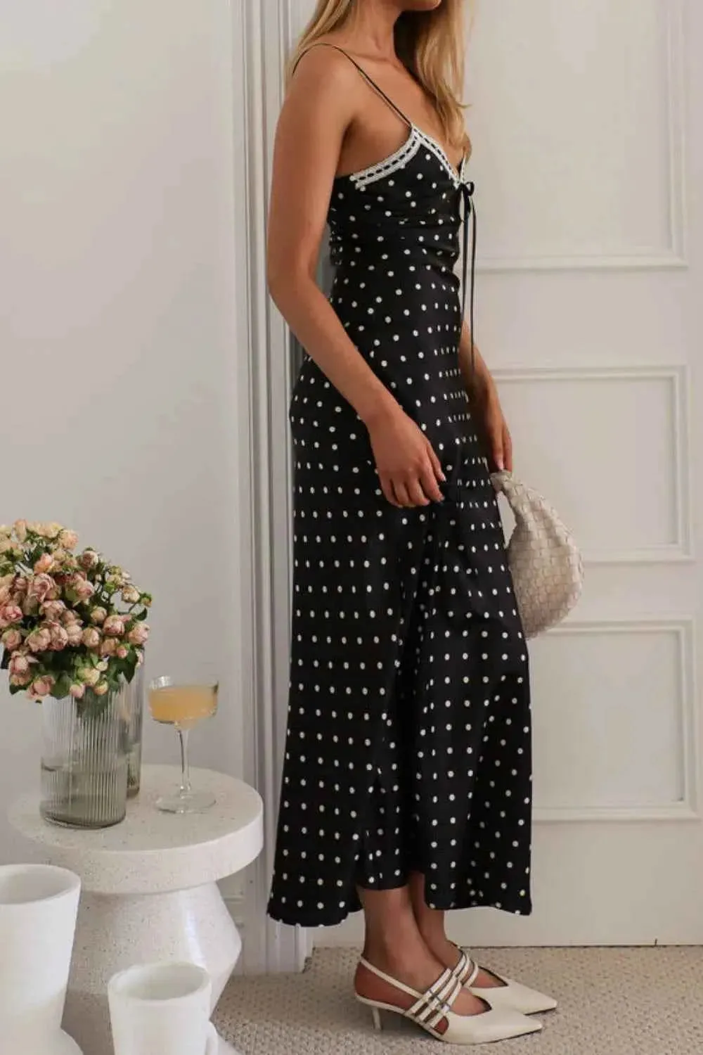 Polka Dot Midi Dress - Square Neck Cami Style Midi Dress