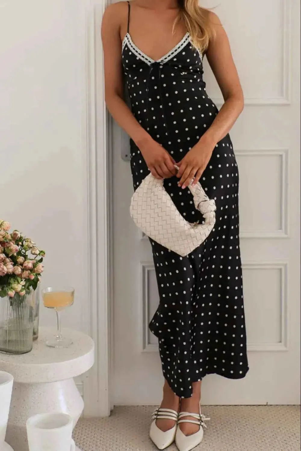 Polka Dot Midi Dress - Square Neck Cami Style Midi Dress