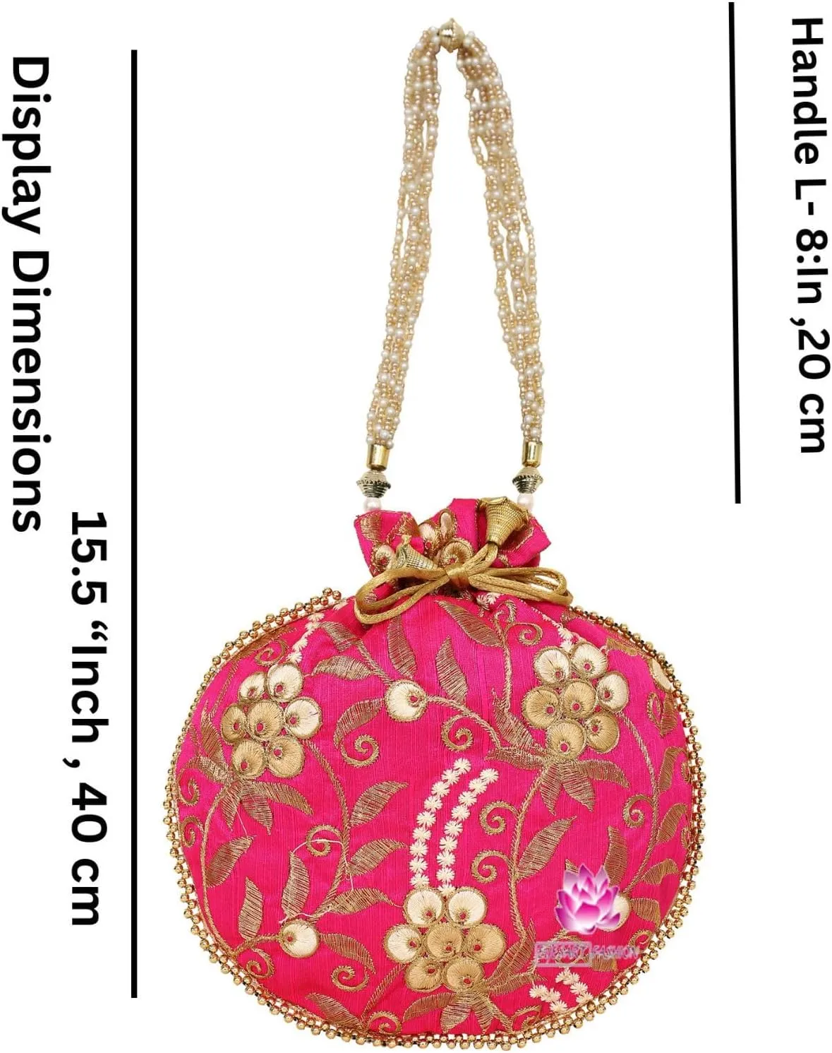 Potli Bag for Women Ethnic Gold, Pearl Handle Floral Accents, Drawstring Closure Pearls Handle Batwa Clutch Purse