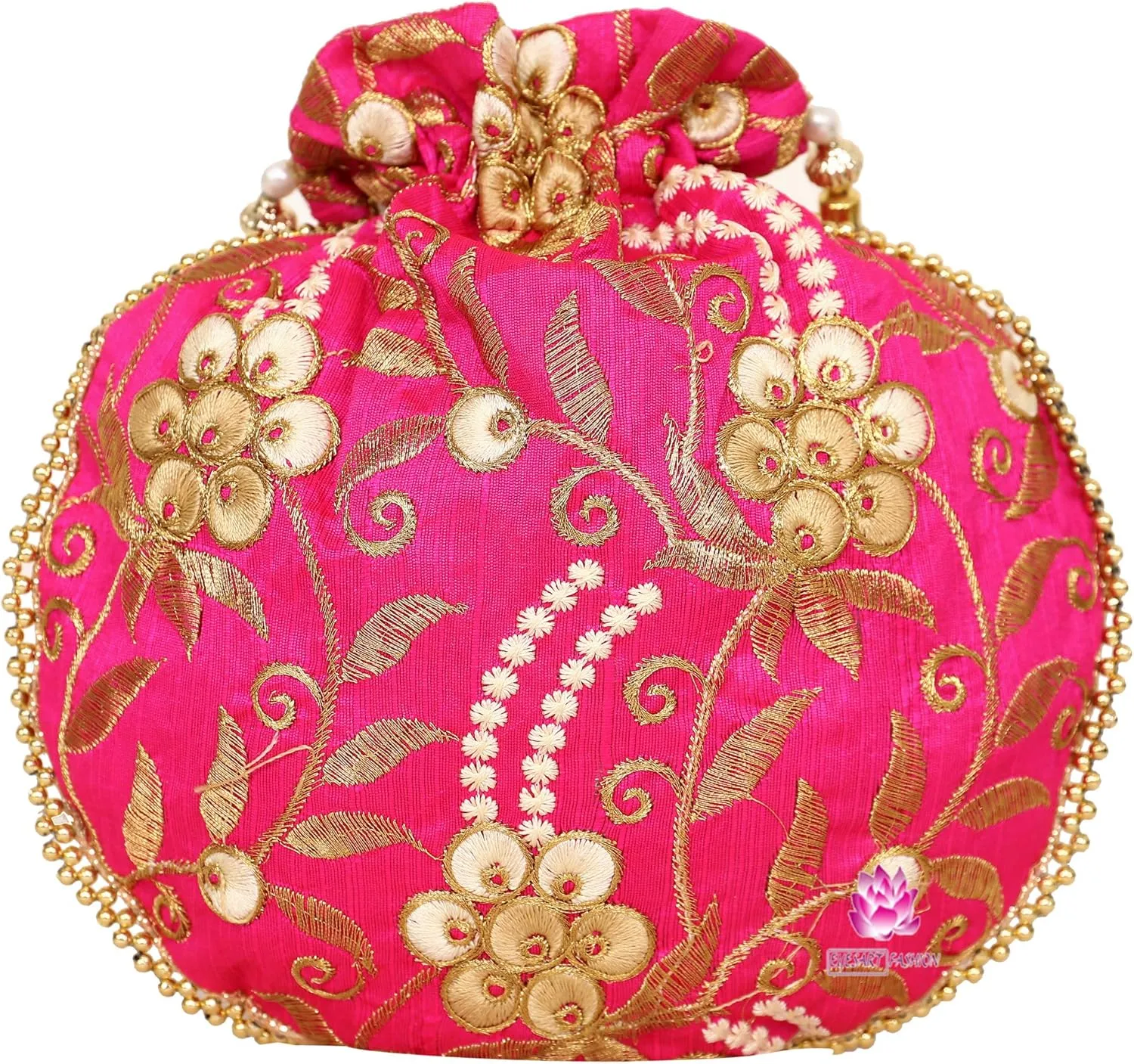 Potli Bag for Women Ethnic Gold, Pearl Handle Floral Accents, Drawstring Closure Pearls Handle Batwa Clutch Purse