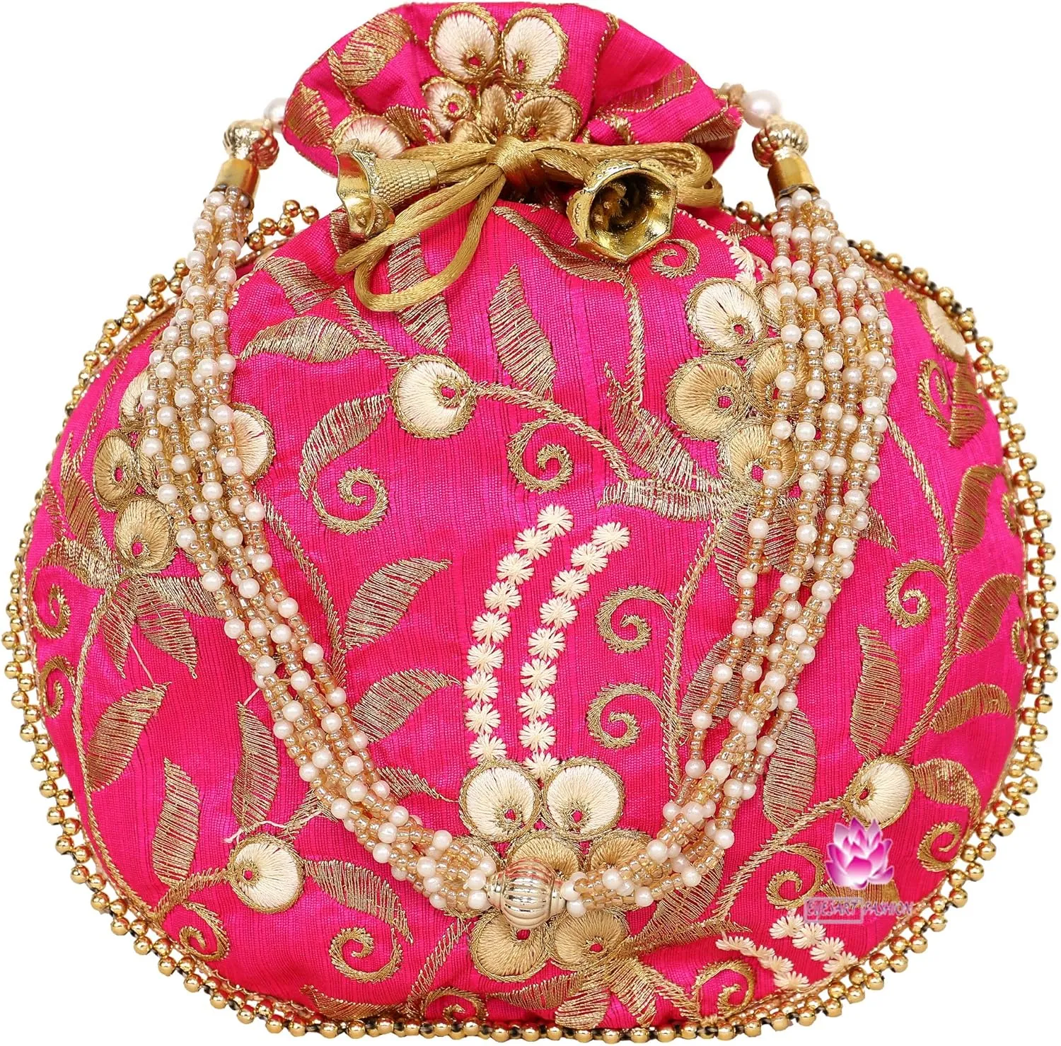 Potli Bag for Women Ethnic Gold, Pearl Handle Floral Accents, Drawstring Closure Pearls Handle Batwa Clutch Purse