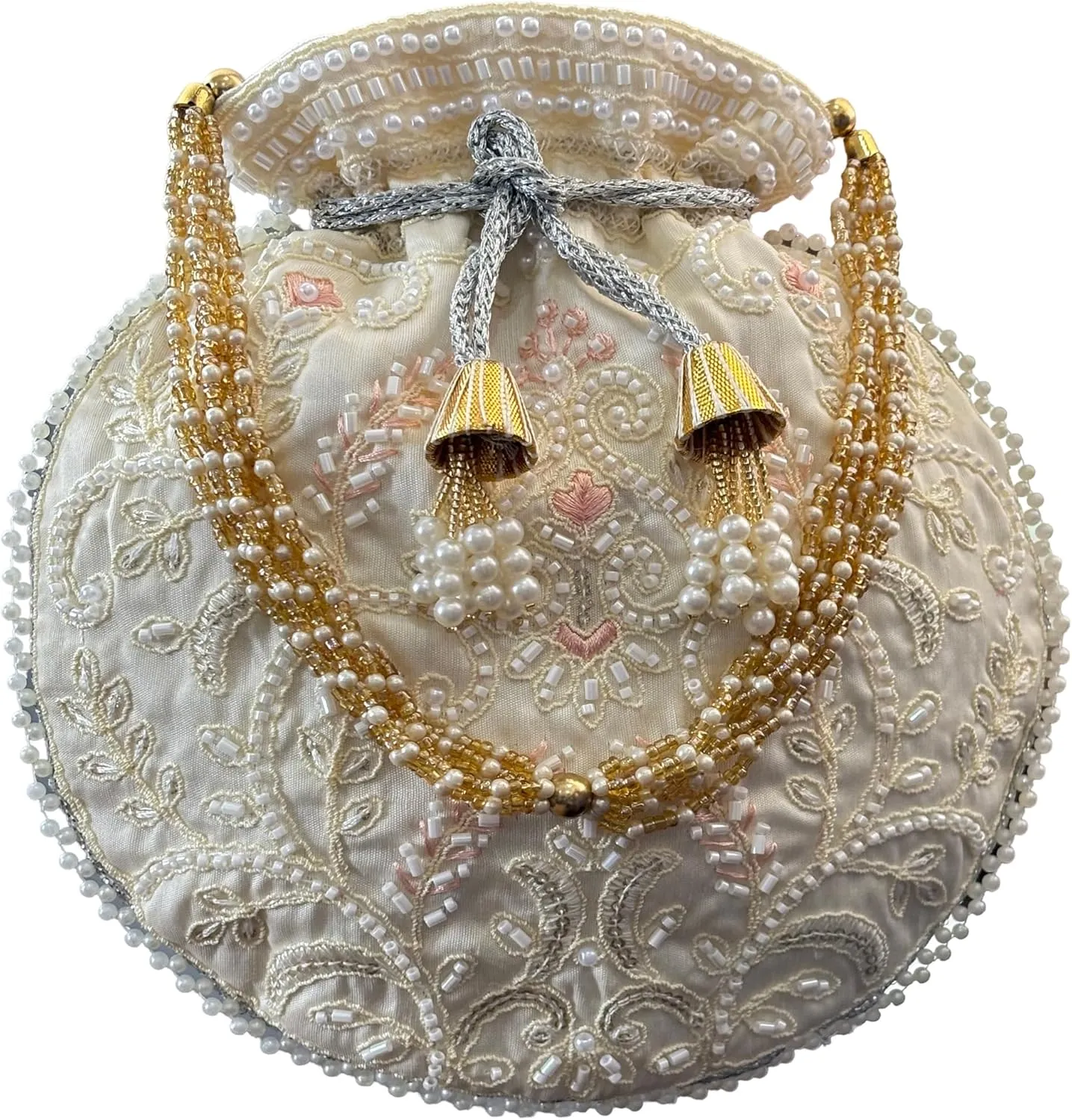 Potli Bag for Women Ethnic Gold, Pearl Handle Floral Accents, Drawstring Closure Pearls Handle Batwa Clutch Purse