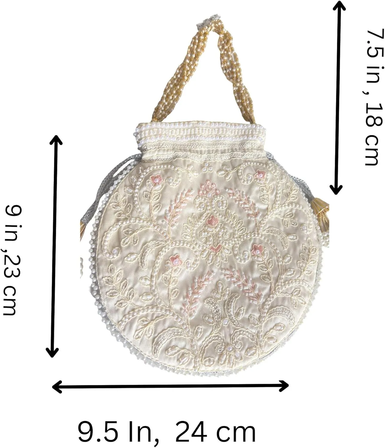 Potli Bag for Women Ethnic Gold, Pearl Handle Floral Accents, Drawstring Closure Pearls Handle Batwa Clutch Purse