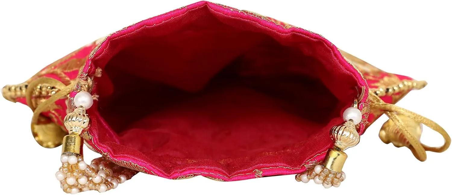 Potli Bag for Women Ethnic Gold, Pearl Handle Floral Accents, Drawstring Closure Pearls Handle Batwa Clutch Purse