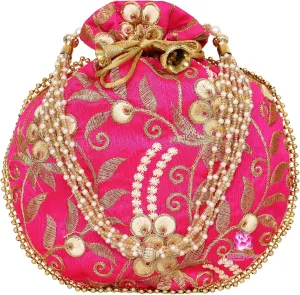 Potli Bag for Women Ethnic Gold, Pearl Handle Floral Accents, Drawstring Closure Pearls Handle Batwa Clutch Purse