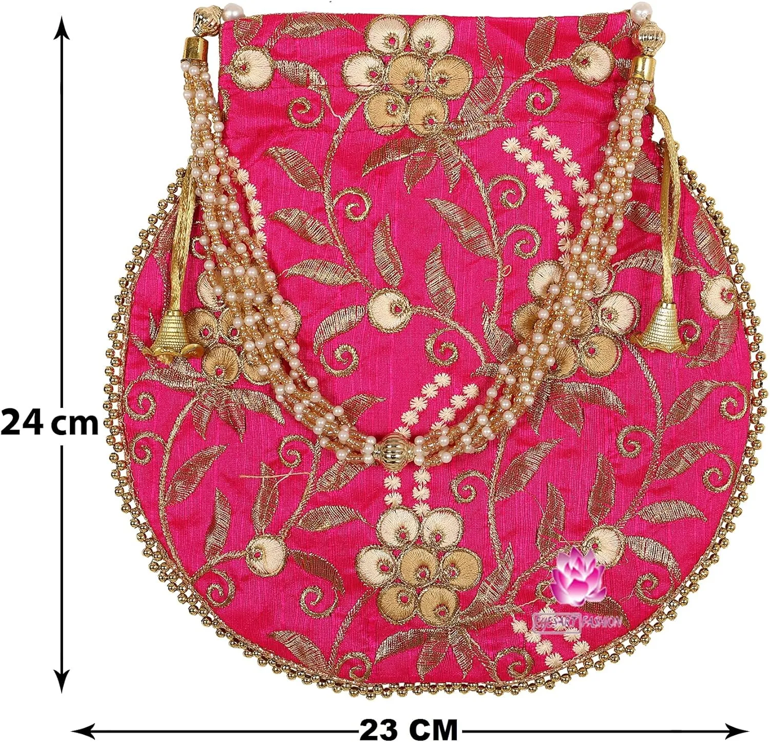 Potli Bag for Women Ethnic Gold, Pearl Handle Floral Accents, Drawstring Closure Pearls Handle Batwa Clutch Purse