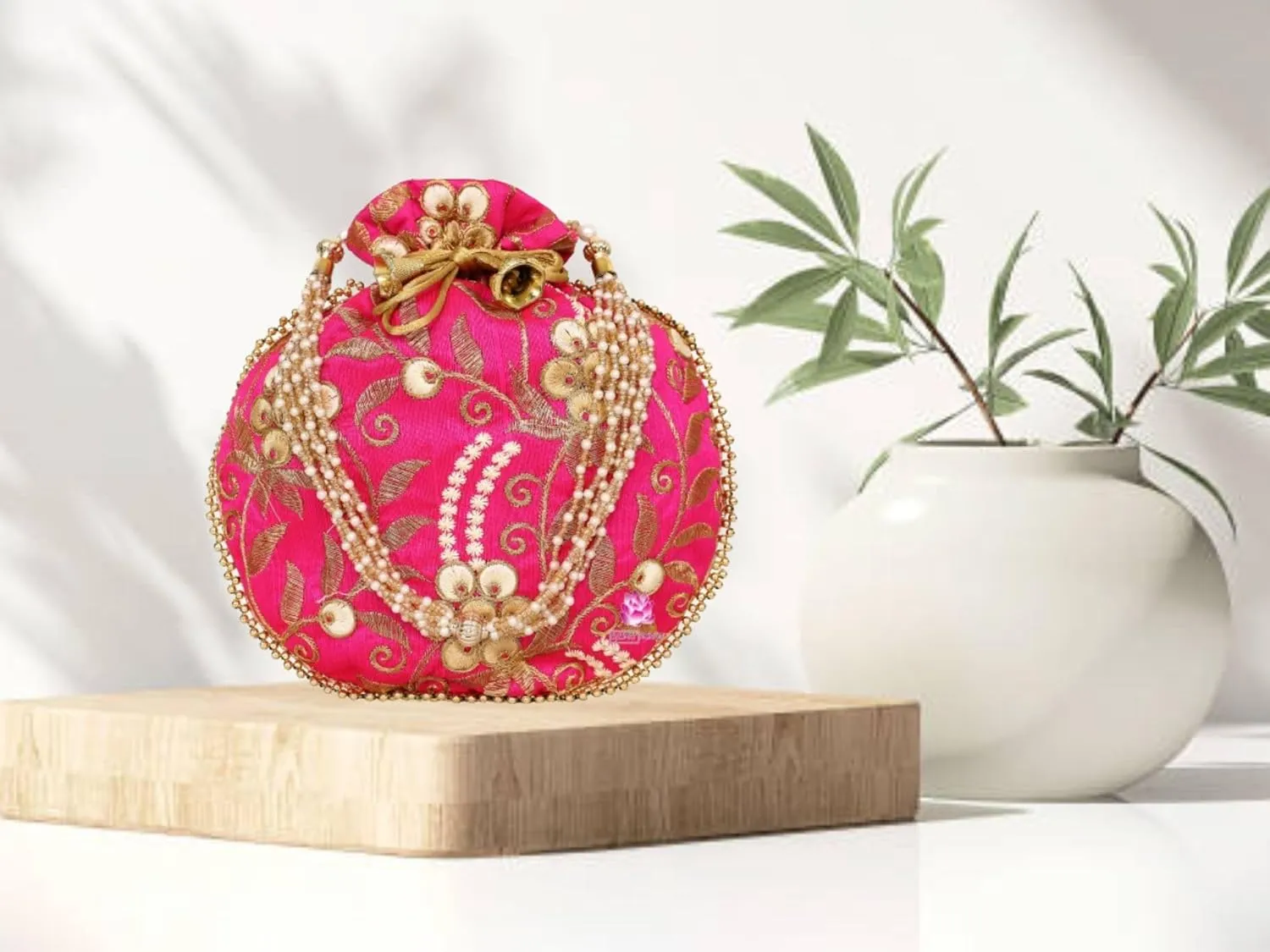 Potli Bag for Women Ethnic Gold, Pearl Handle Floral Accents, Drawstring Closure Pearls Handle Batwa Clutch Purse