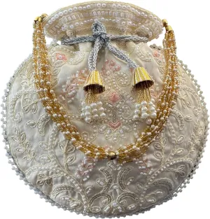 Potli Bag for Women Ethnic Gold, Pearl Handle Floral Accents, Drawstring Closure Pearls Handle Batwa Clutch Purse