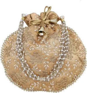 Potli Bag For Women With Intricate Gold Thread & Sequin Ethnic Designer Embroidery Work Batwa Pearls Handle