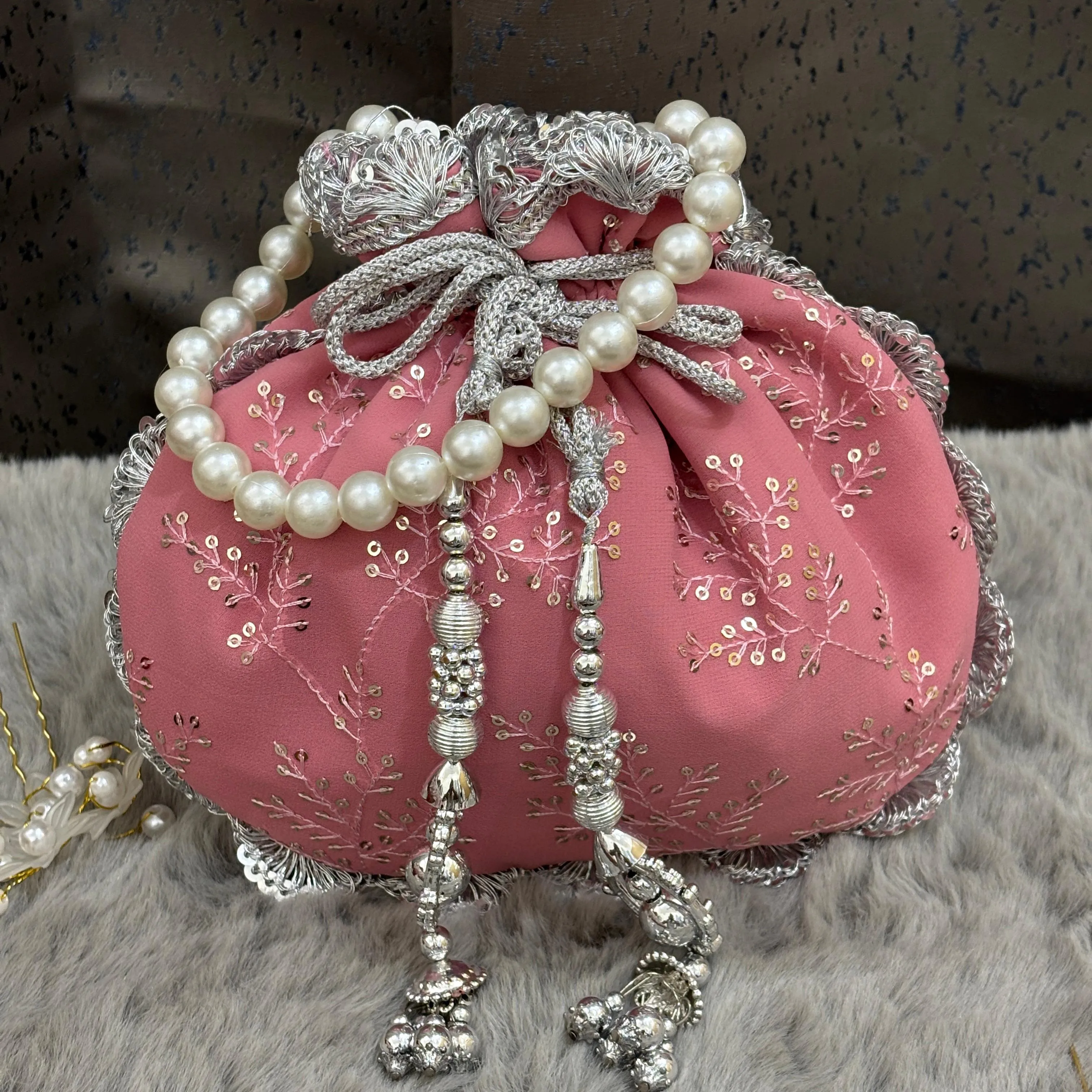 Premium Soft Pink Potli Bag with Embroidery & Lace  work