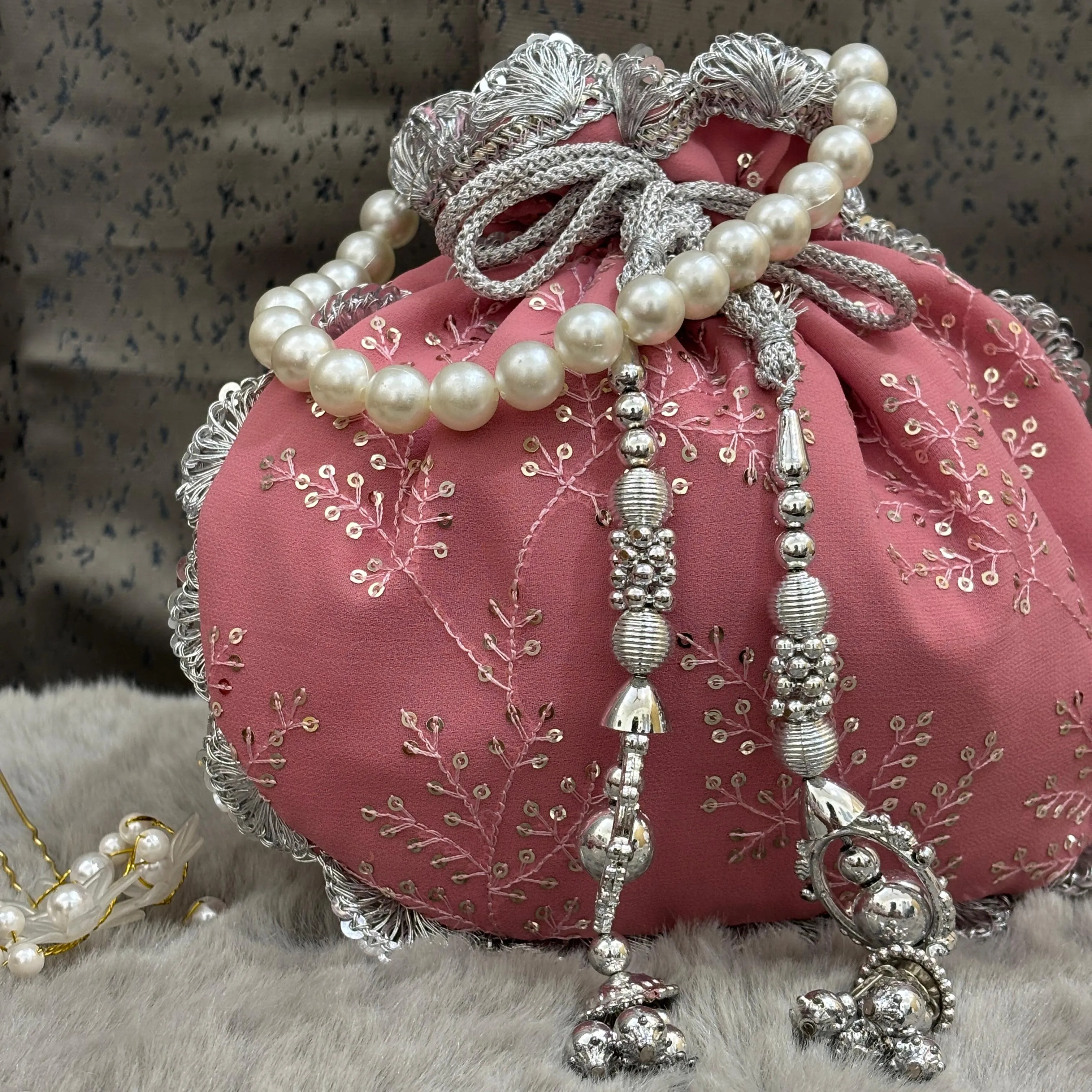Premium Soft Pink Potli Bag with Embroidery & Lace  work