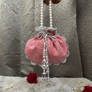 Premium Soft Pink Potli Bag with Embroidery & Lace  work
