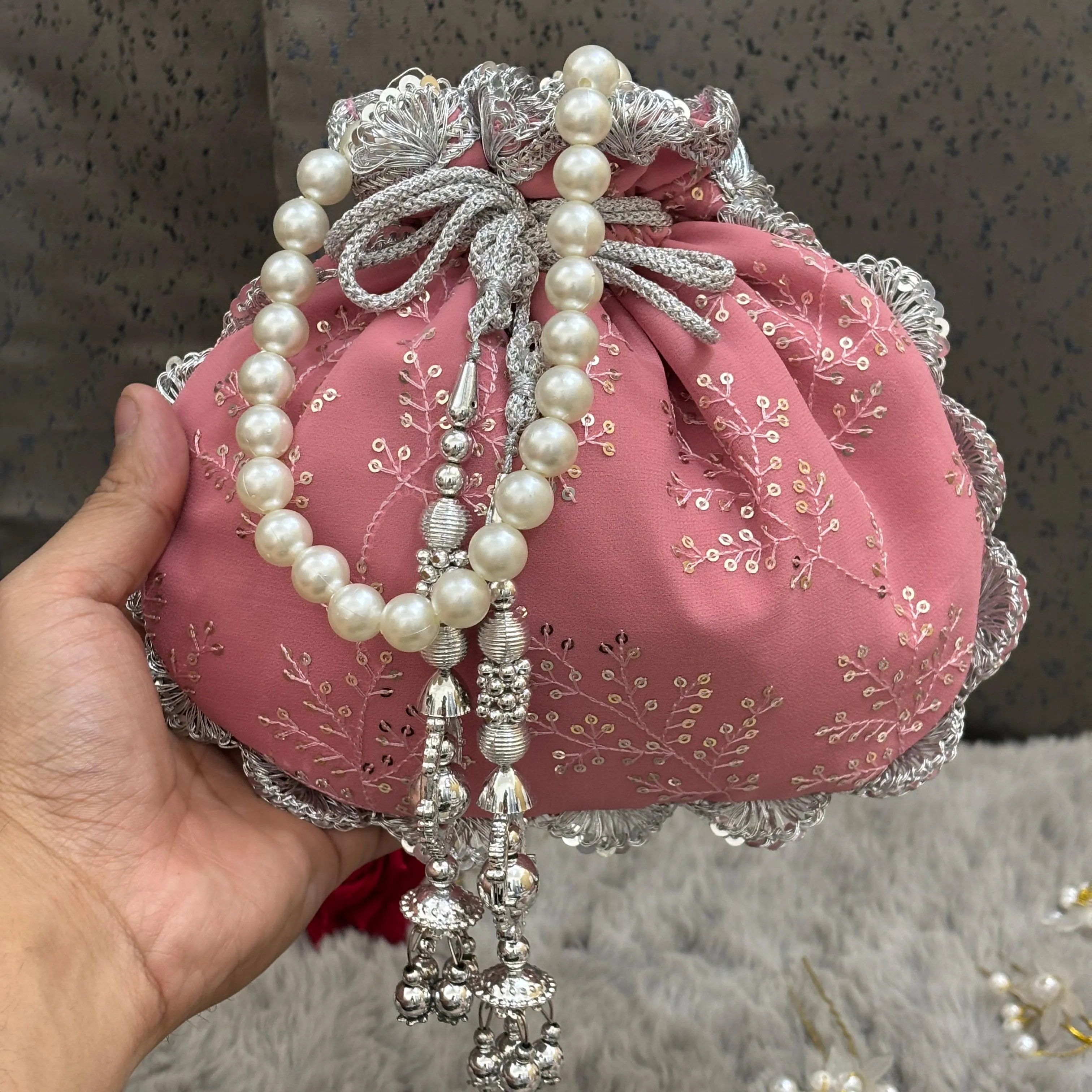 Premium Soft Pink Potli Bag with Embroidery & Lace  work