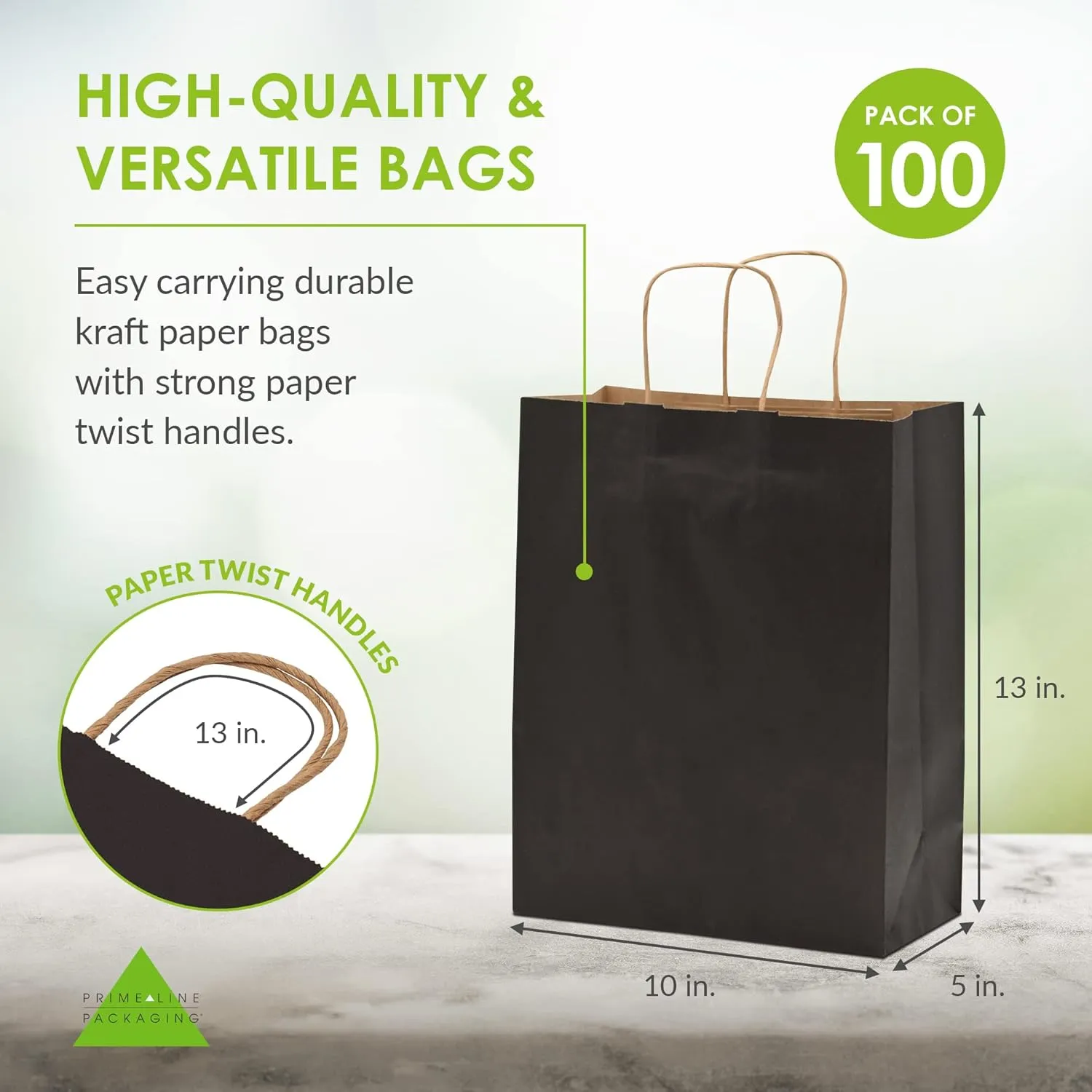 Prime Line Packaging Black Gift Bags with Handles, Medium Kraft Paper Shopping for Small Business, Boutiques, Retail Stores Use, Bulk, 10x5x13 100 Pack