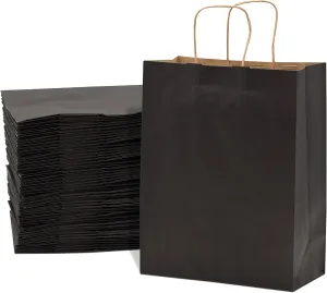 Prime Line Packaging Black Gift Bags with Handles, Medium Kraft Paper Shopping for Small Business, Boutiques, Retail Stores Use, Bulk, 10x5x13 100 Pack