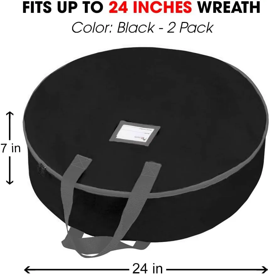 Primode Christmas Wreath Storage Bag 24",2 Pack Artificial Wreath Container,Garland Holiday Xmas Wreaths Holder,Sturdy Handles,Inner Straps,Card Slot Dual Zipper Strong Oxford (24 Inch, Black)