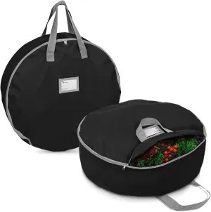 Primode Christmas Wreath Storage Bag 24",2 Pack Artificial Wreath Container,Garland Holiday Xmas Wreaths Holder,Sturdy Handles,Inner Straps,Card Slot Dual Zipper Strong Oxford (24 Inch, Black)