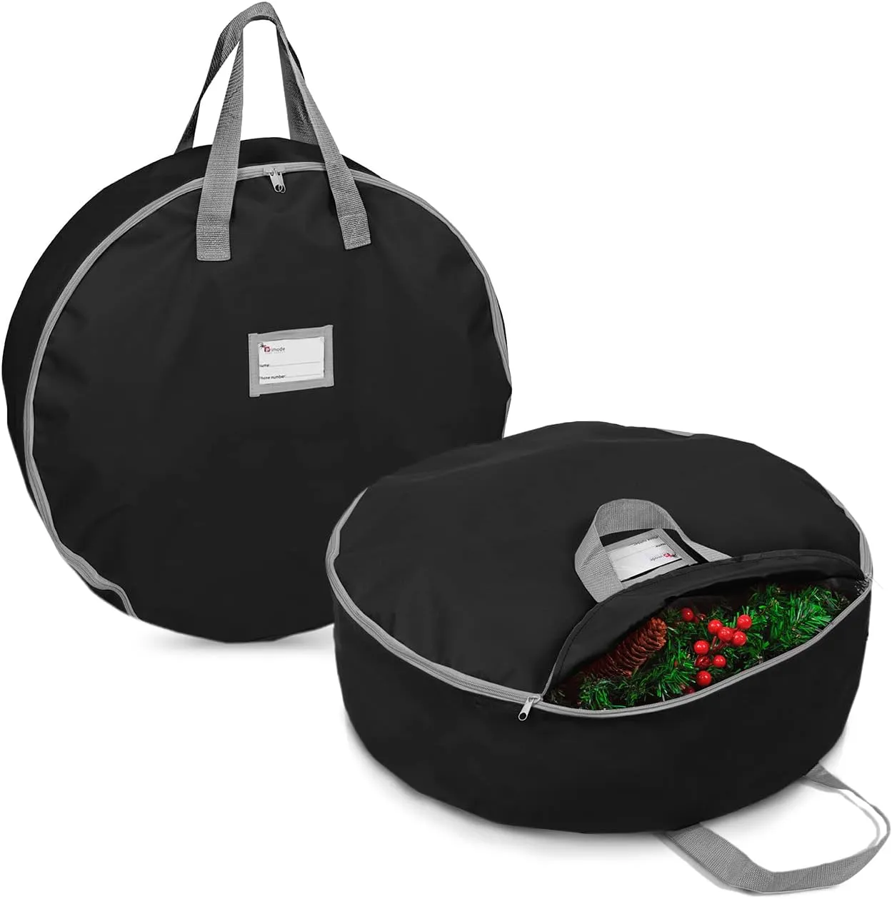 Primode Christmas Wreath Storage Bag 24",2 Pack Artificial Wreath Container,Garland Holiday Xmas Wreaths Holder,Sturdy Handles,Inner Straps,Card Slot Dual Zipper Strong Oxford (24 Inch, Black)