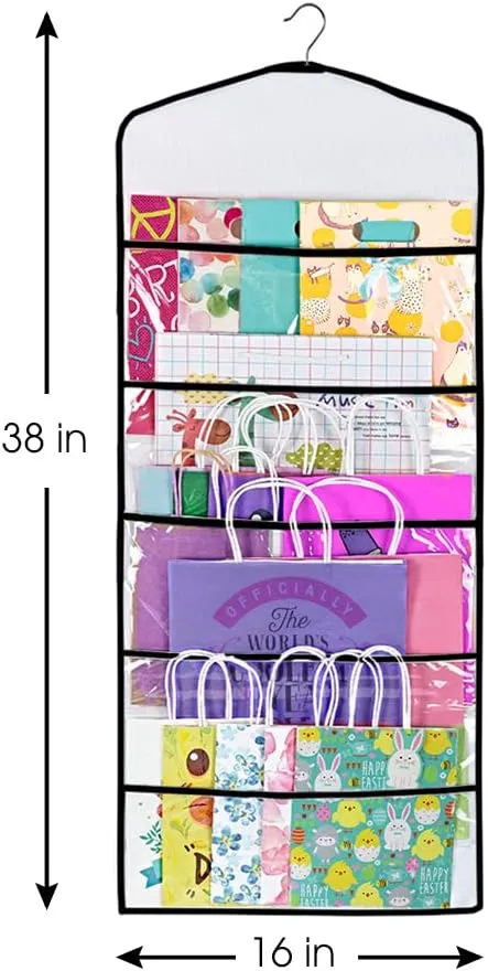 Primode Gift Bag and Tissue Paper Storage, Hanging Organizer with Multiple Front and Back Pockets Double Sided, Organize Gift Wrap and Paper Bags 38 x 16 Inch (Black seam)
