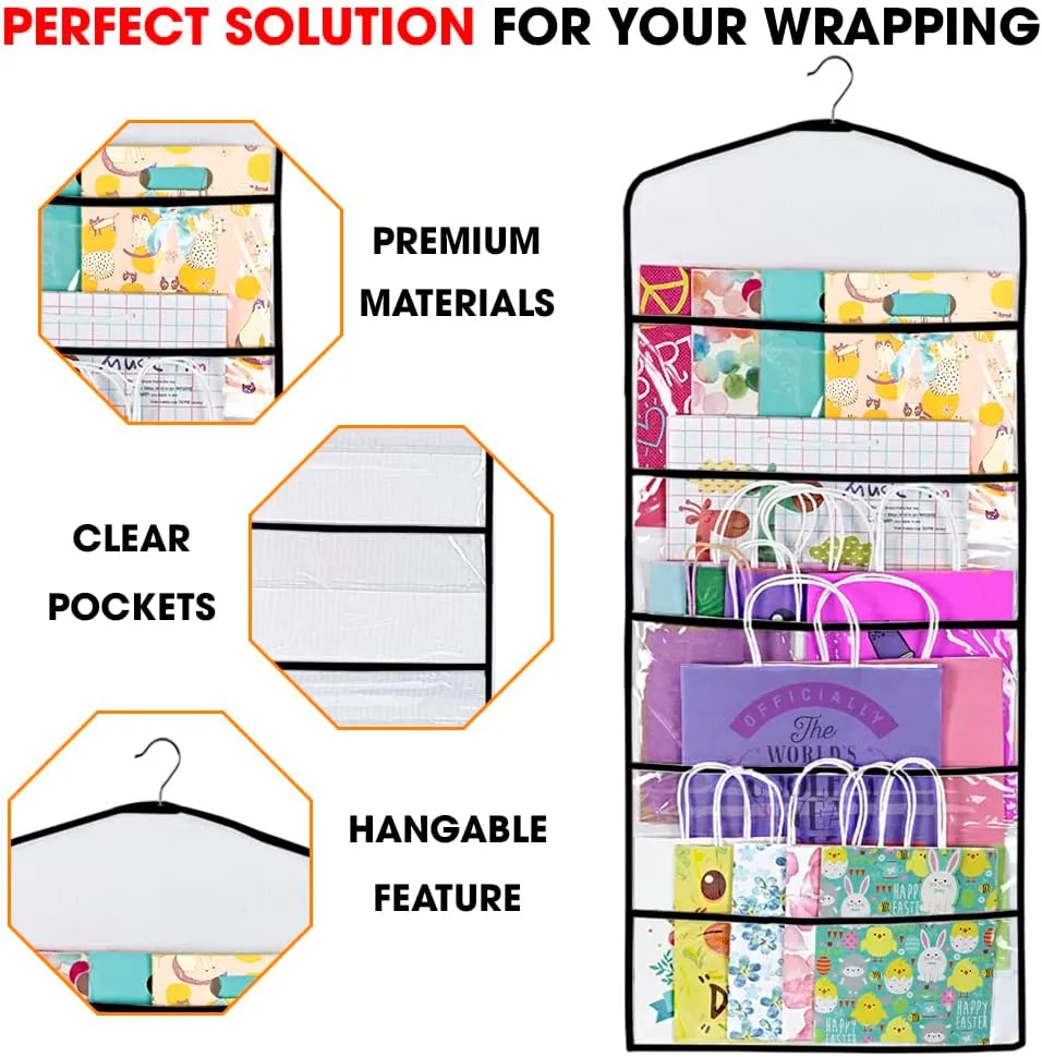 Primode Gift Bag and Tissue Paper Storage, Hanging Organizer with Multiple Front and Back Pockets Double Sided, Organize Gift Wrap and Paper Bags 38 x 16 Inch (Black seam)