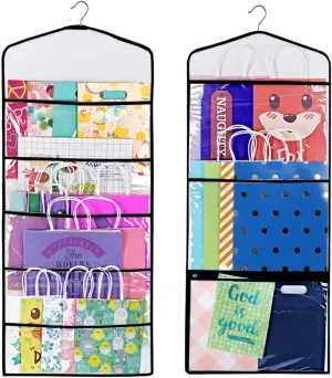 Primode Gift Bag and Tissue Paper Storage, Hanging Organizer with Multiple Front and Back Pockets Double Sided, Organize Gift Wrap and Paper Bags 38 x 16 Inch (Black seam)