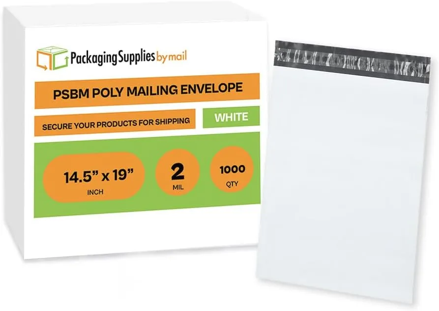 PSBM White Poly Mailers 14.5x19 Inch 1000 Pack Shipping Bags for Clothing, Sturdy Shipping Envelopes, Strong Self Seal Mailing Bags for Small Business, Poly Bags for Small Businessess