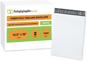 PSBM White Poly Mailers 14.5x19 Inch 1000 Pack Shipping Bags for Clothing, Sturdy Shipping Envelopes, Strong Self Seal Mailing Bags for Small Business, Poly Bags for Small Businessess