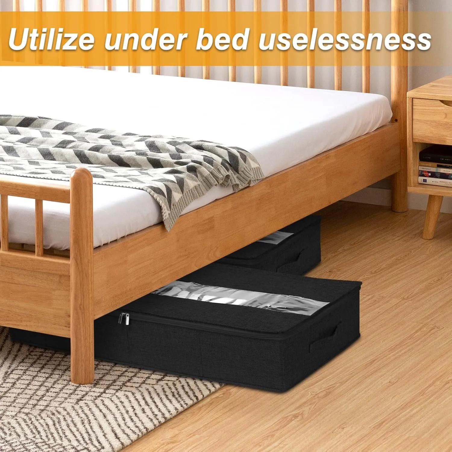punemi UnderBed Storage, 2 Pack Under Bed Storage Containers With Adjustable Dividers, Sturdy Structure Clothes Organizer Bins With Clear Panel & 3 Reinforced Handles for Blanket Shoes, Black