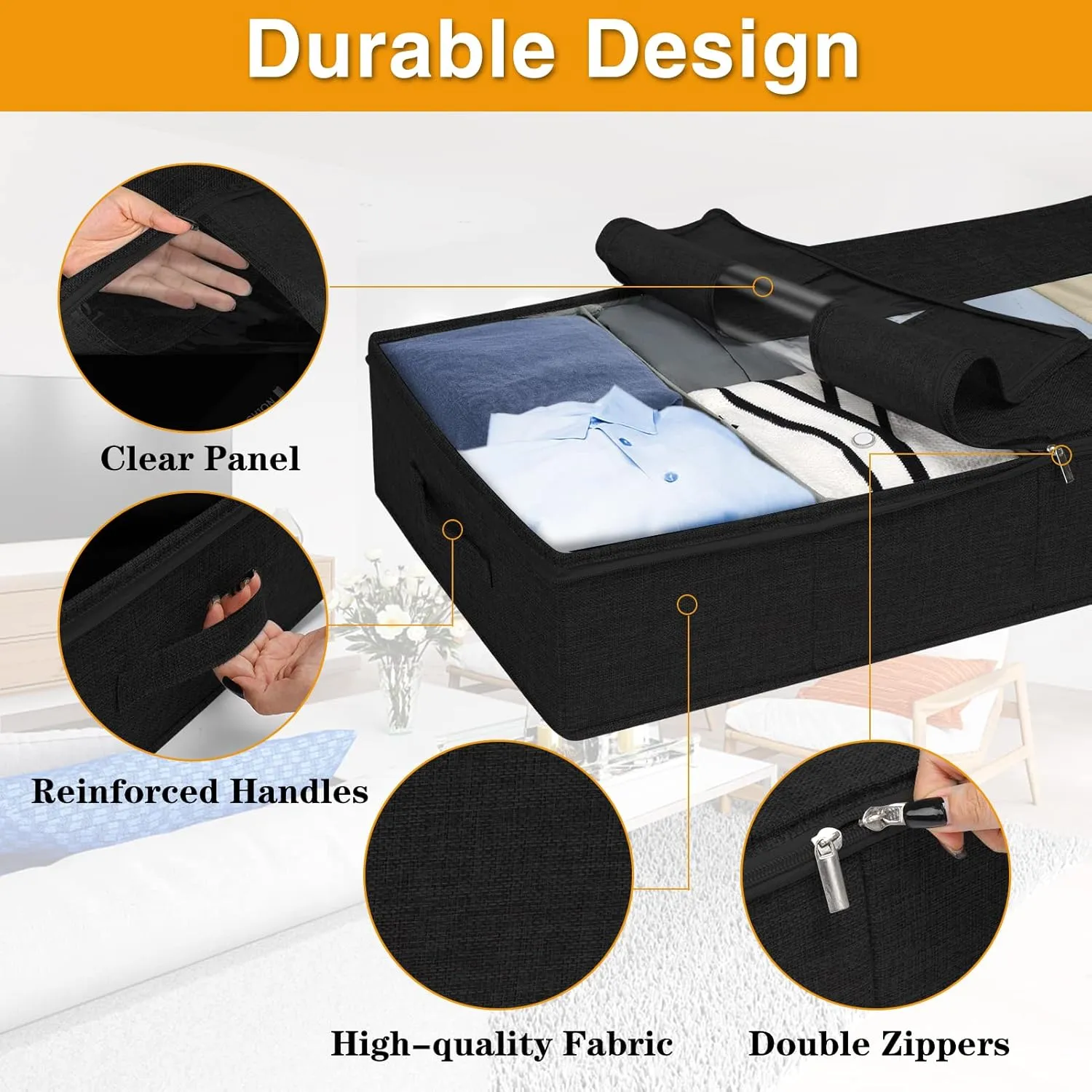 punemi UnderBed Storage, 2 Pack Under Bed Storage Containers With Adjustable Dividers, Sturdy Structure Clothes Organizer Bins With Clear Panel & 3 Reinforced Handles for Blanket Shoes, Black