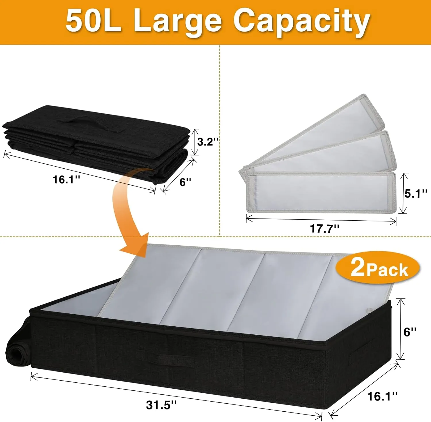 punemi UnderBed Storage, 2 Pack Under Bed Storage Containers With Adjustable Dividers, Sturdy Structure Clothes Organizer Bins With Clear Panel & 3 Reinforced Handles for Blanket Shoes, Black