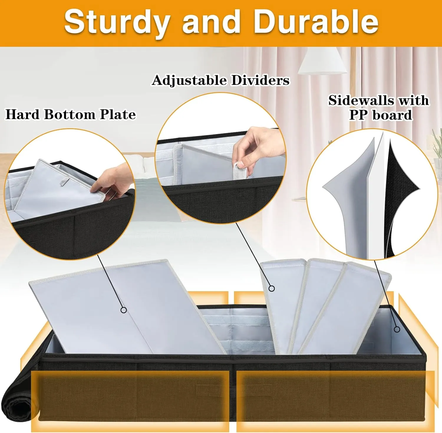 punemi UnderBed Storage, 2 Pack Under Bed Storage Containers With Adjustable Dividers, Sturdy Structure Clothes Organizer Bins With Clear Panel & 3 Reinforced Handles for Blanket Shoes, Black