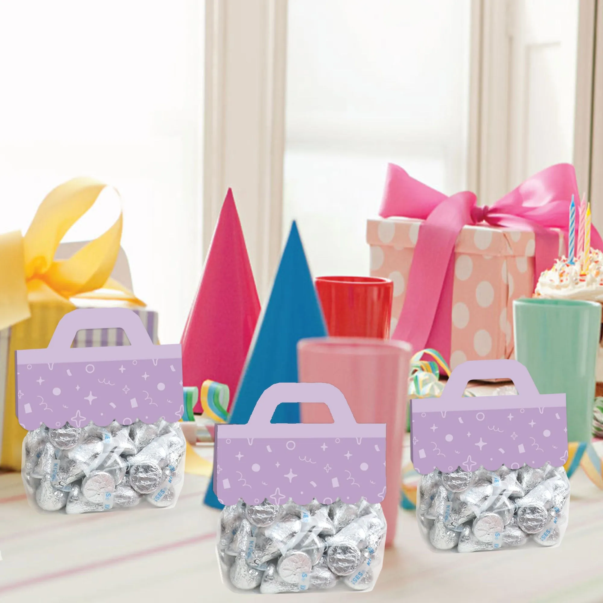 Purple Confetti Stars - DIY Simple Party Clear Goodie Favor Bag Labels - Candy Bags with Toppers - Set of 24