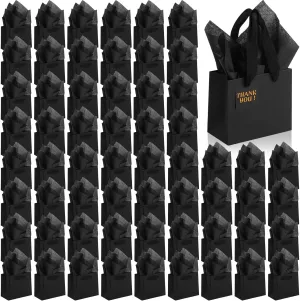 Qilery 50 Pcs Wedding Mini Paper Gift Bags Bulk with Tissue Paper Small Gift Bags with Handle and Tags for Birthday Graduation Summer Party Business(Black,4.7 x 2.4 x 3.9'')